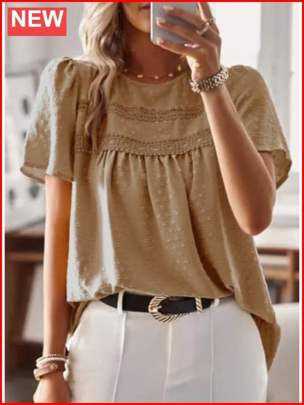 Womens Boho Crochet Lace Short Sleeve Top Casual Loose Fit Blouse